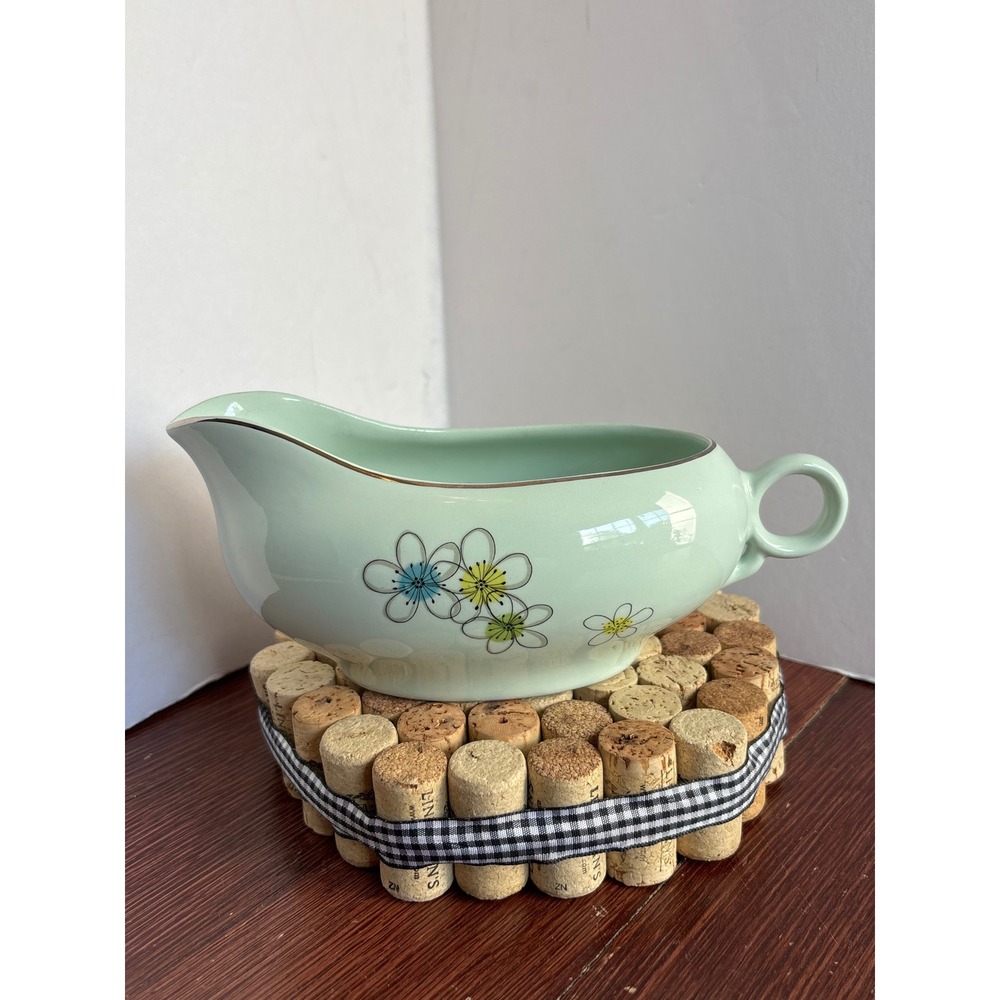 Vintage Mid‎ Century Mint Green Floral Gravy Boat Atomic Flower Ceramic Gold Rim